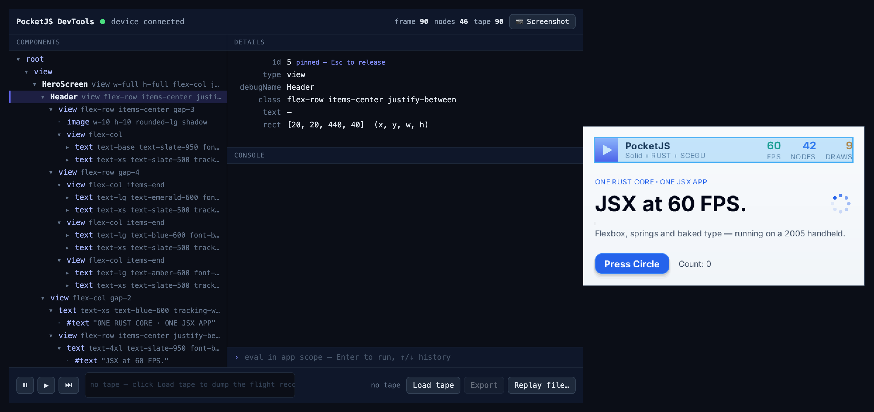 The DevTools panel with the Header node pinned in the component tree and its details — debugName, classes, world rect — while the device screen next to it shows the same header region highlighted in blue