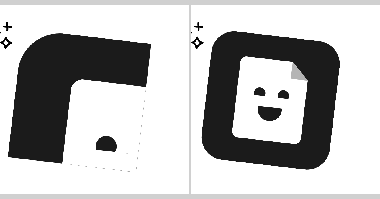 Before and after of the Paper Kit logo component: left, a mangled black rounded square with a stray white notch; right, the correct smiling paper-document icon in a dark rounded square