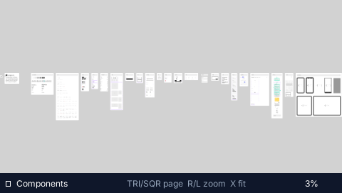 Pocket Figma on a PSP: the Components page fit to screen at 3% zoom, a long row of wireframe artboards crossing the canvas.