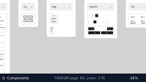 Pocket Figma on a PSP at 24% zoom on the kit's Components page: the Tag, Badge, Pagination and Tabs artboards with their dashed component-instance outlines, dot-grid canvas behind them, and the viewer HUD along the bottom