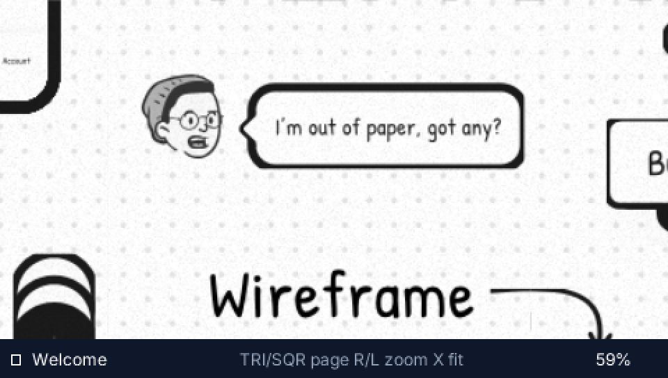 Pocket Figma on a PSP at 59% zoom: the Paper Kit cover — a hand-drawn character asking 'I'm out of paper, got any?' in a speech bubble, the word Wireframe in handwriting, dot-grid paper texture — with the viewer HUD along the bottom