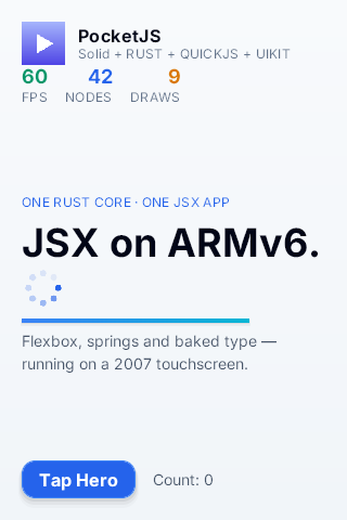 The PocketJS Hero demo at 320 by 480 read off an original iPhone: a PocketJS header with FPS, NODES and DRAWS counters reading 60, 42 and 9, the headline 'JSX on ARMv6.', a spinner, a gradient underline, body text reading 'Flexbox, springs and baked type — running on a 2007 touchscreen', a blue 'Tap Hero' button and 'Count: 0'