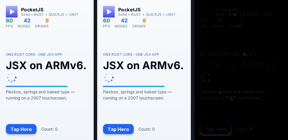 Three panels side by side, each 320 by 480. Left: the frame read off the iPhone's GPU. Middle: the same frame rendered by the reference software rasterizer. Right: the absolute difference between them amplified twenty times, almost entirely black except faint outlines around text glyph edges.