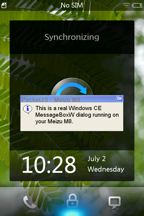 A native Windows CE message box running on a real Meizu M8. The blue title bar, compact system font, information icon and small OK button contrast with the phone's touch-oriented shell behind it.