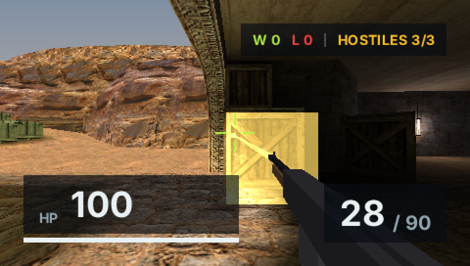 Firing on PSP: the muzzle flash blooms over a crate, ammo reads 28/90 on the HUD, sunlit cliffs through the archway to the left