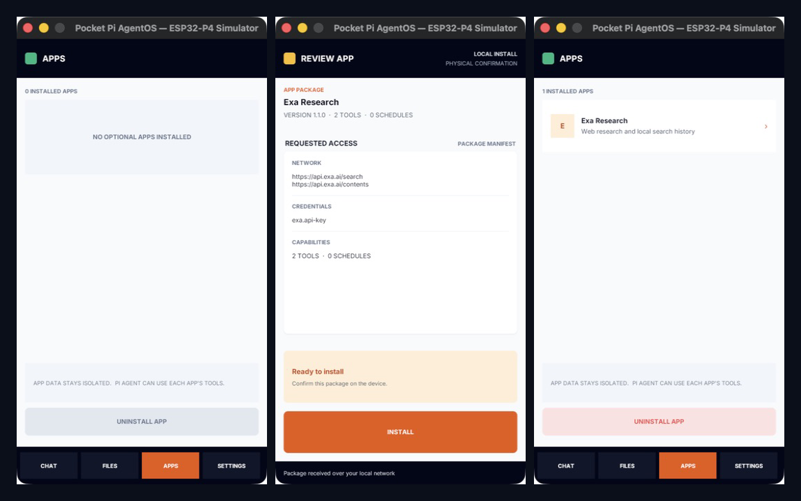Three Pocket Pi ESP32-P4 Simulator states side by side: an empty optional App catalog, review of the Exa Research package and the Apps screen after Exa has been installed at runtime.