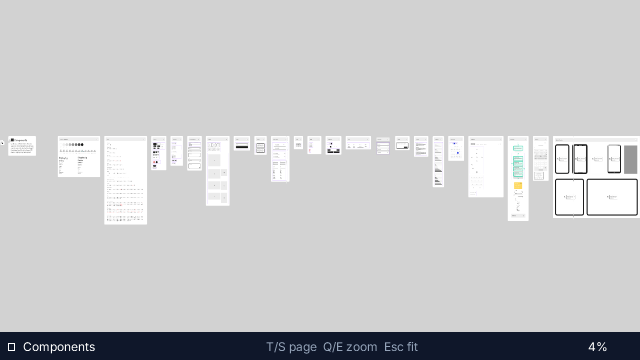 Pocket Figma showing a different page of the same file, 'Components', at 4 percent zoom: a long horizontal row of dozens of small artboards spread across the canvas