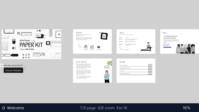 Pocket Figma at 640 by 360 on the E7 showing the Welcome page of a design file fitted to the screen: a Paper Kit wireframe cover on the left and a grid of white artboards with illustrations, with a status bar reading 'Welcome — T/S page Q/E zoom Esc fit — 10%'