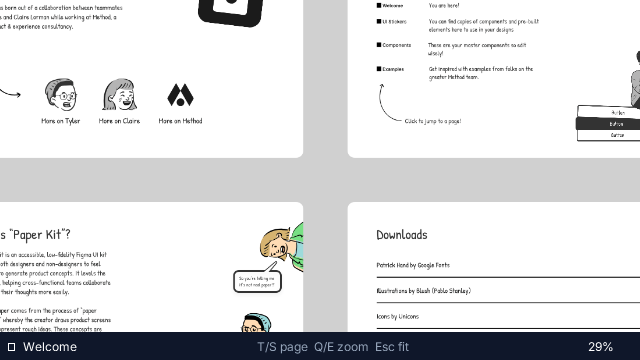 Pocket Figma zoomed to 29 percent on the E7, showing crisp artboard content: illustrations of people, a 'Downloads' artboard with credit lines, and a small navigation menu