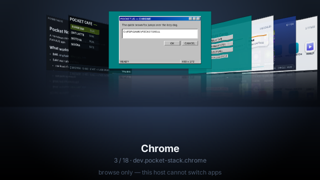 The Pocket Launcher Cover Flow deck on a Nokia E7's landscape AMOLED screen.