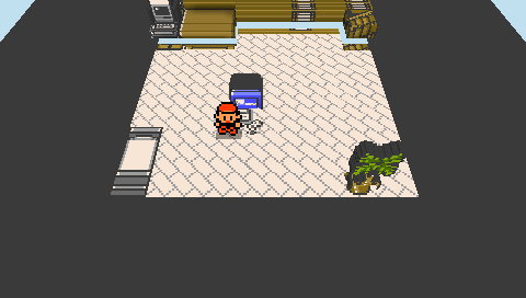 The player's bedroom as a voxel diorama on the PSP: bed, bookshelf, an SNES on a table and a potted plant, each piece of furniture extruded from its Game Boy tile art.