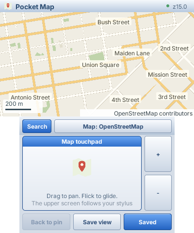 Pocket Map's native 3DS build in Azahar: Union Square above the map touchpad and zoom controls