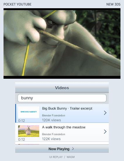Pocket YouTube's 3DS interface replay: Big Buck Bunny above touch-screen search results
