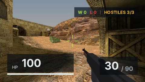 OpenStrike gameplay: sunlit BSP geometry with the HUD showing 100 HP and 30/90 ammo.
